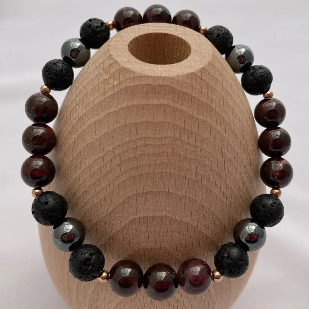 GARNET and Lava Stretch Beaded Bracelet 7.5”